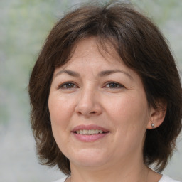Joyful white adult female with medium  brown hair and brown eyes