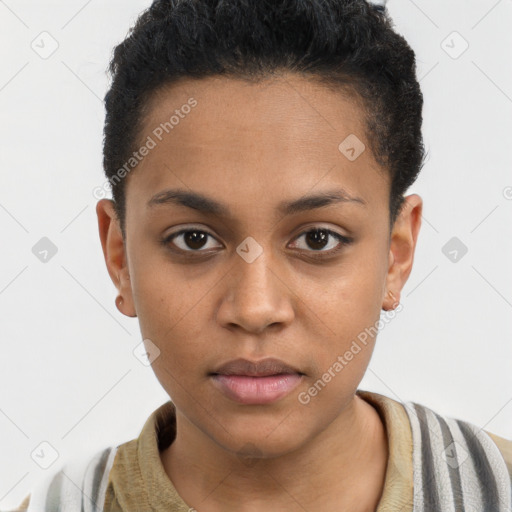 Neutral black young-adult female with short  brown hair and brown eyes