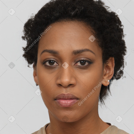 Neutral black young-adult female with short  black hair and brown eyes