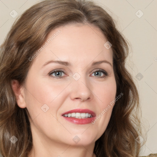 Joyful white young-adult female with medium  brown hair and green eyes