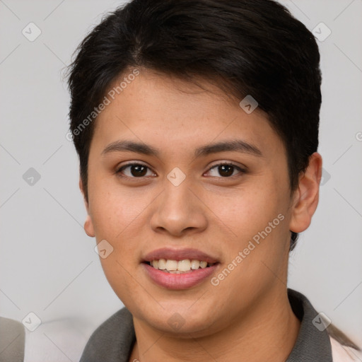 Joyful white young-adult female with short  brown hair and brown eyes