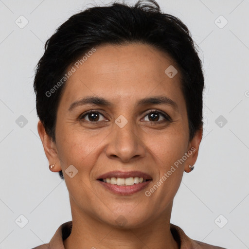 Joyful white adult female with short  brown hair and brown eyes