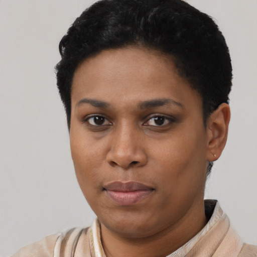 Neutral latino young-adult female with short  black hair and brown eyes
