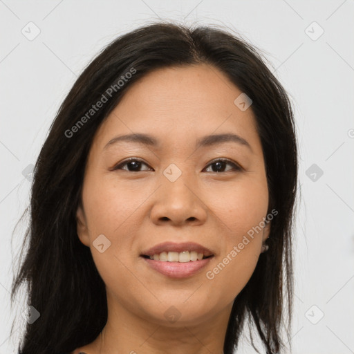 Joyful asian young-adult female with long  brown hair and brown eyes