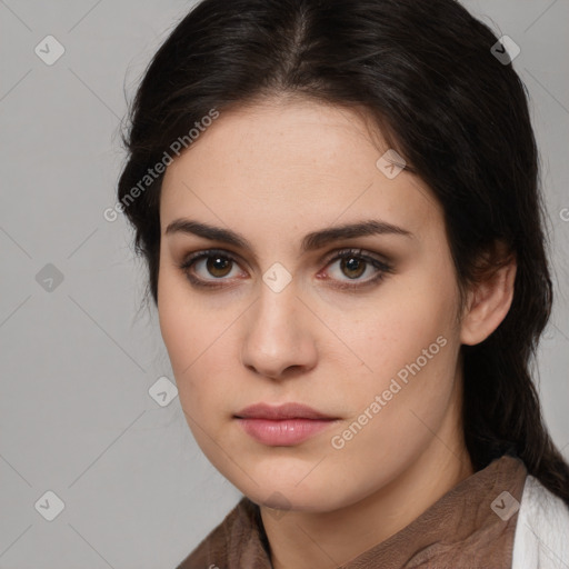 Neutral white young-adult female with medium  brown hair and brown eyes