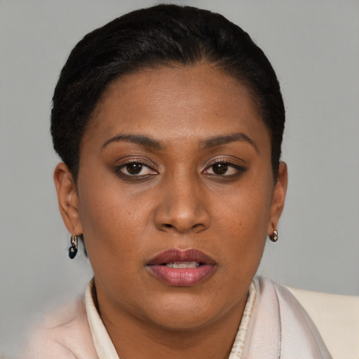 Joyful black young-adult female with short  brown hair and brown eyes
