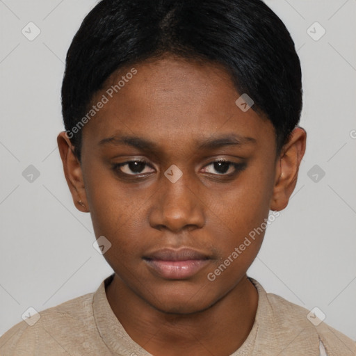 Neutral black young-adult female with short  black hair and brown eyes
