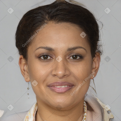 Joyful latino young-adult female with short  brown hair and brown eyes