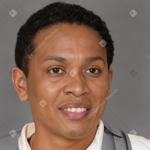 Joyful latino adult male with short  brown hair and brown eyes