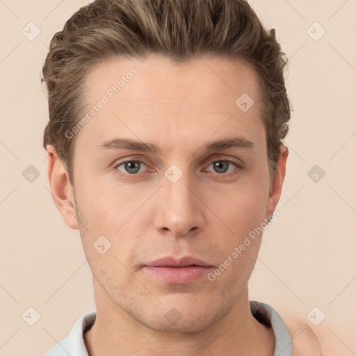 Neutral white young-adult male with short  brown hair and brown eyes