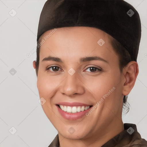 Joyful white young-adult female with short  brown hair and brown eyes