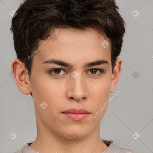 Neutral white young-adult male with short  brown hair and brown eyes