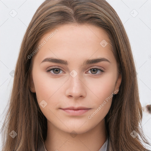 Neutral white young-adult female with long  brown hair and brown eyes