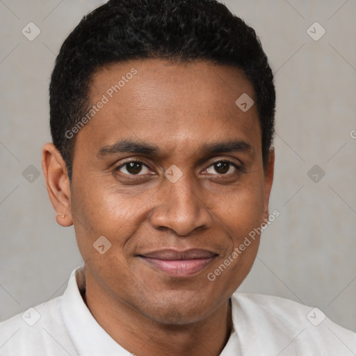 Joyful black young-adult male with short  brown hair and brown eyes