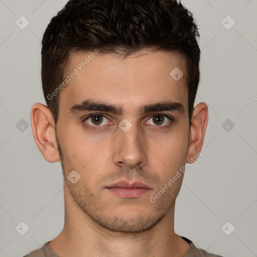 Neutral white young-adult male with short  brown hair and brown eyes