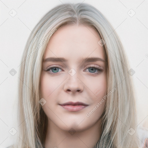 Neutral white young-adult female with long  brown hair and blue eyes