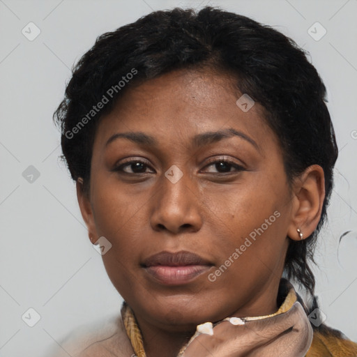 Joyful black young-adult female with short  brown hair and brown eyes