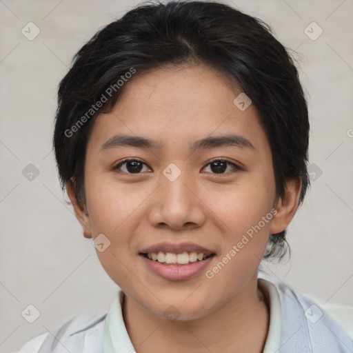 Joyful asian young-adult female with short  brown hair and brown eyes