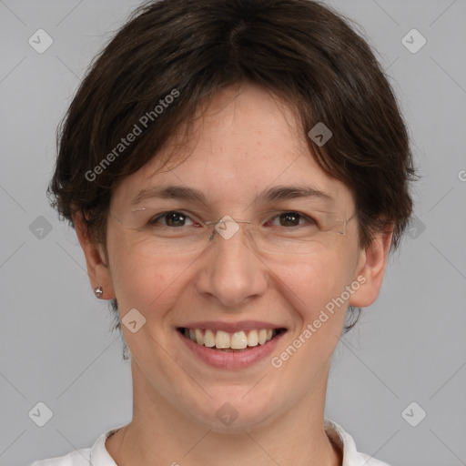 Joyful white adult female with medium  brown hair and brown eyes