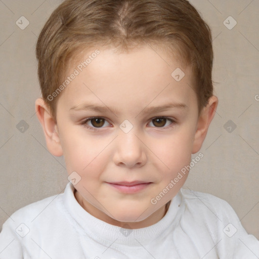 Joyful white child female with short  brown hair and brown eyes