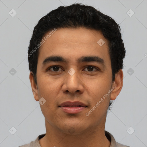 Neutral latino young-adult male with short  black hair and brown eyes