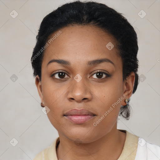 Neutral black young-adult female with short  black hair and brown eyes