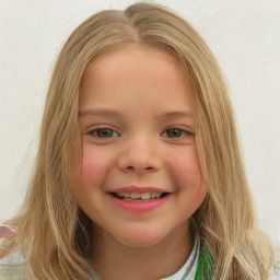 Joyful white child female with medium  brown hair and blue eyes