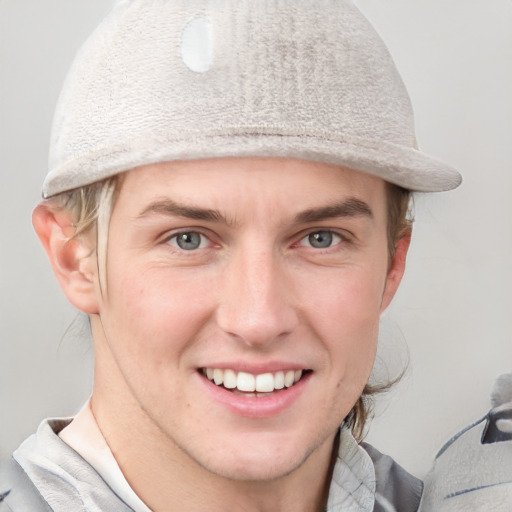 Joyful white young-adult male with short  brown hair and blue eyes