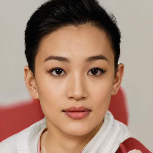 Neutral white young-adult female with short  black hair and brown eyes