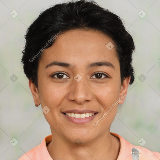 Joyful latino young-adult female with short  brown hair and brown eyes