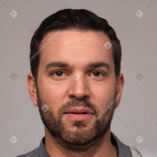 Neutral white young-adult male with short  black hair and brown eyes