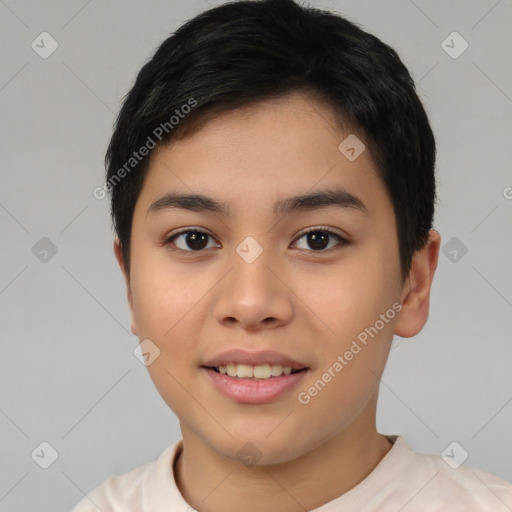 Joyful asian young-adult female with short  black hair and brown eyes