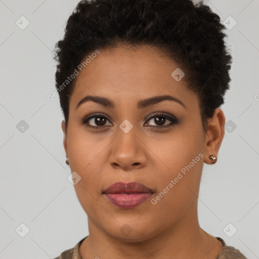 Joyful latino young-adult female with short  brown hair and brown eyes