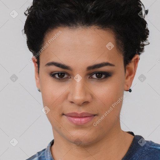 Joyful latino young-adult female with short  black hair and brown eyes