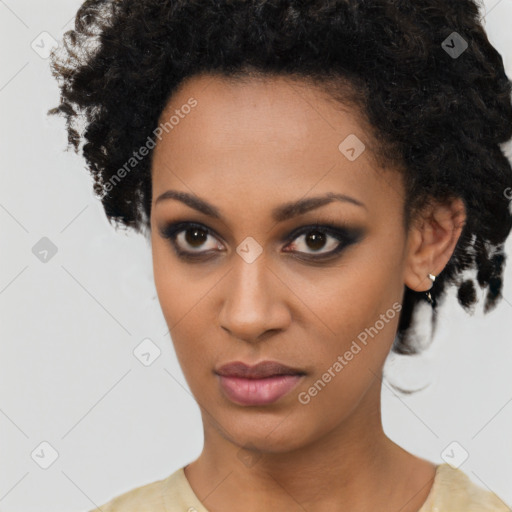 Neutral black young-adult female with short  brown hair and brown eyes