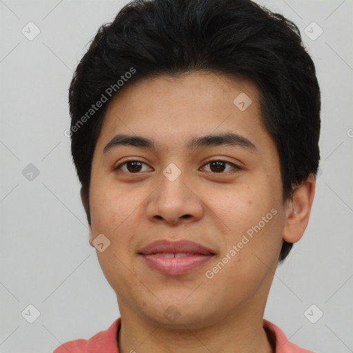 Joyful asian young-adult male with short  black hair and brown eyes