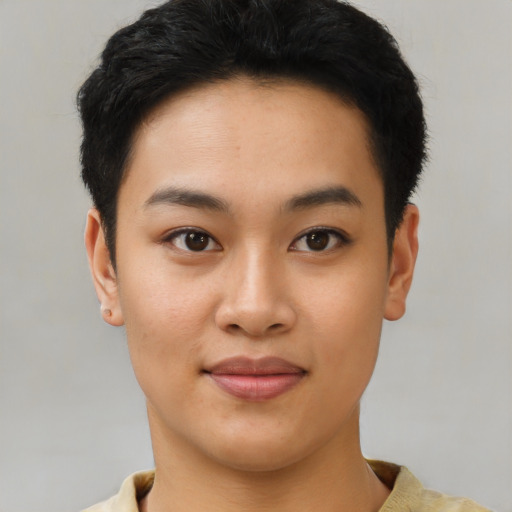 Joyful asian young-adult female with short  brown hair and brown eyes