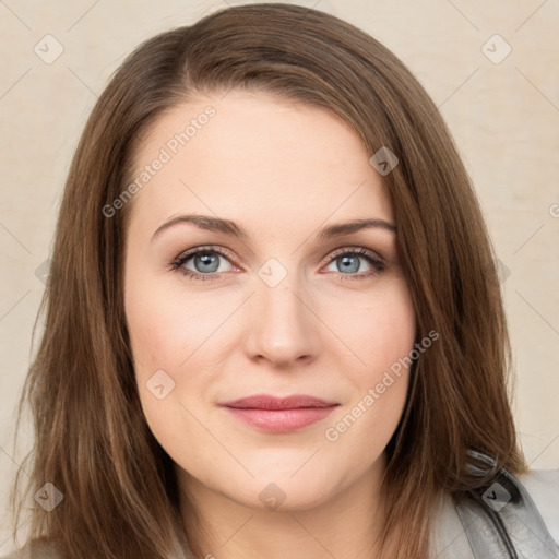 Joyful white young-adult female with long  brown hair and green eyes