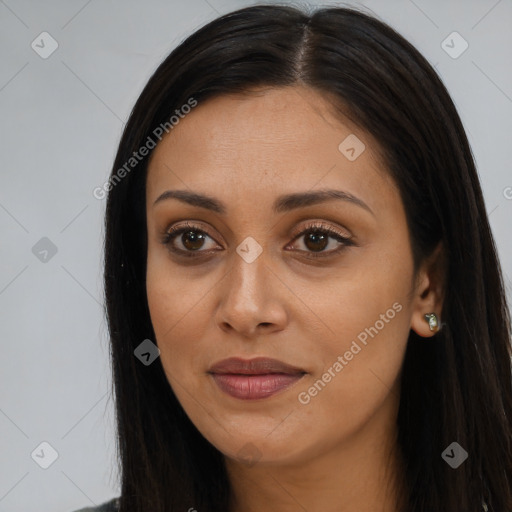 Joyful asian young-adult female with long  brown hair and brown eyes