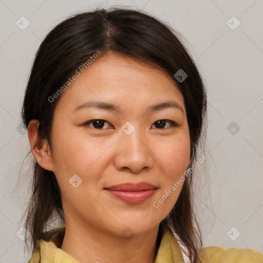 Joyful white young-adult female with medium  brown hair and brown eyes