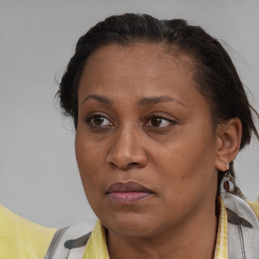 Neutral black adult female with short  brown hair and brown eyes