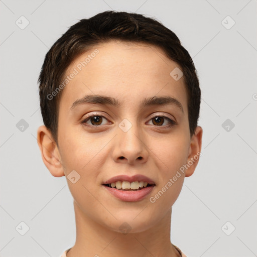 Joyful white young-adult female with short  brown hair and brown eyes