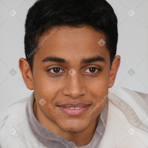 Joyful latino young-adult male with short  brown hair and brown eyes