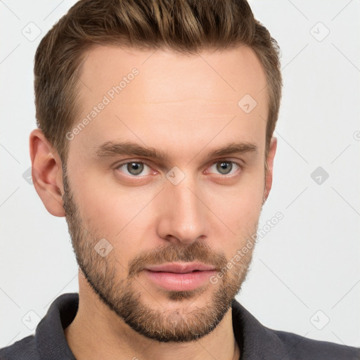 Neutral white young-adult male with short  brown hair and grey eyes