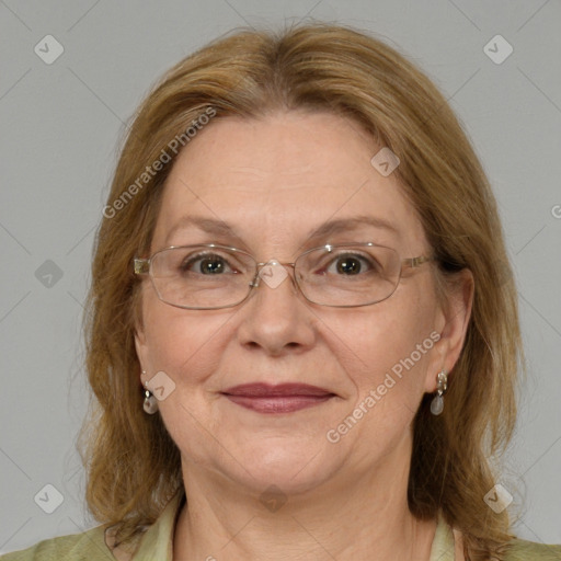 Joyful white middle-aged female with medium  brown hair and blue eyes