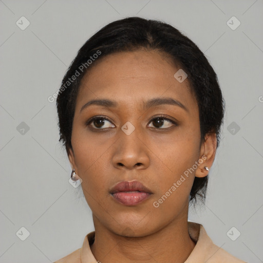 Neutral asian young-adult female with short  black hair and brown eyes