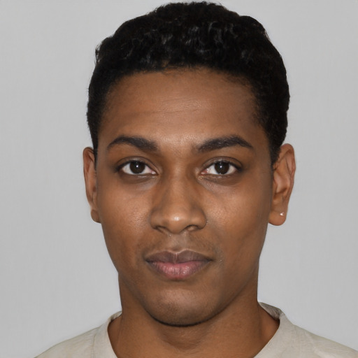 Neutral black young-adult male with short  black hair and brown eyes