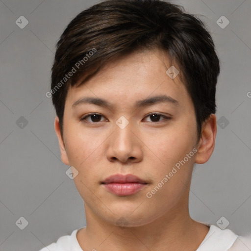 Neutral asian young-adult female with short  brown hair and brown eyes