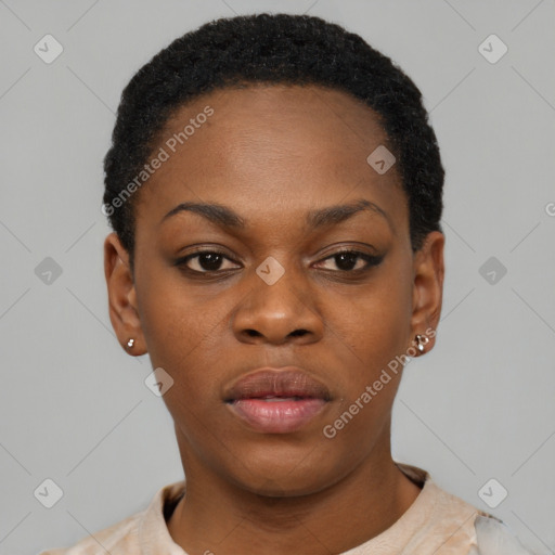 Neutral black young-adult female with short  black hair and brown eyes