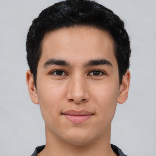 Neutral white young-adult male with short  black hair and brown eyes